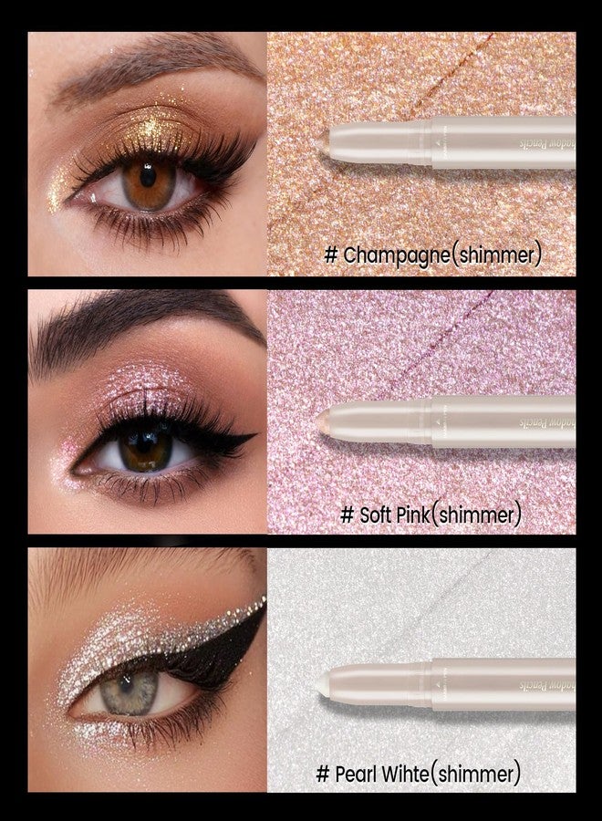 Noerrors 3Colors Glitter Eyeshadow Brightener Stick Set, Champagne&Pink&Pearl White Sparkle Cream Eyeliner&Eye Shadow Pencil with Brush, Waterproof Silky Smooth Shimmer Metallic Eye Highlighter Makeup - Image 2